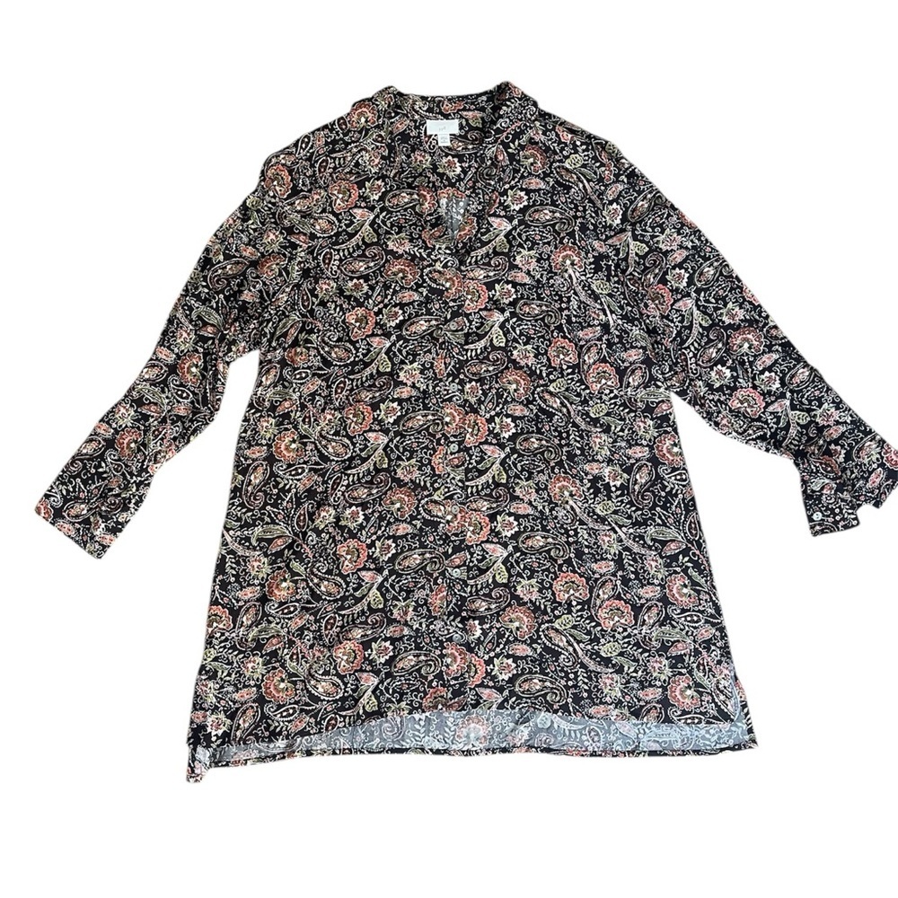 J. Jill Button Down Tunic Pockets Paisley Black Pink - Size 1X